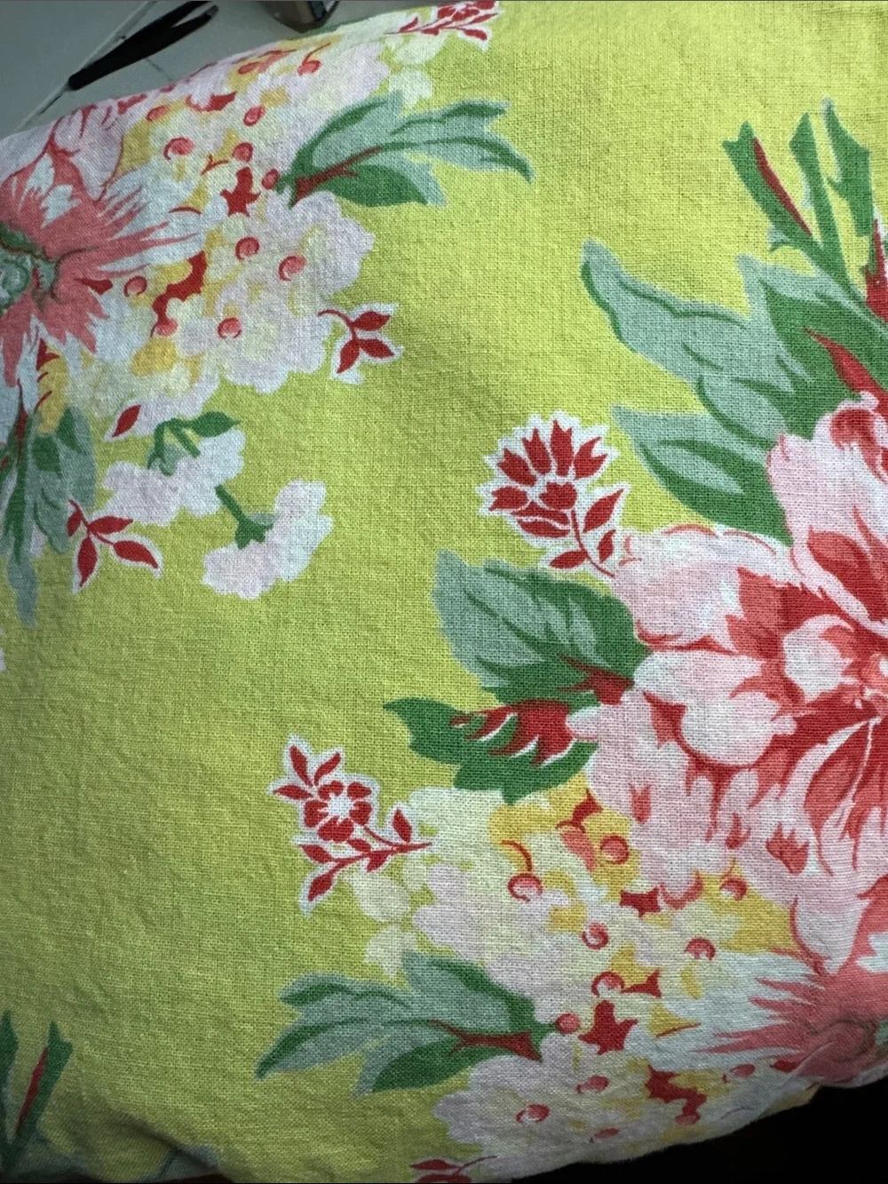 April Cornell Pink Floral Cotton Table Cloth on Green Back Ground